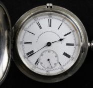 An early 20th century silver "T.R. Russell`s Keyless Lever Chronometer" hunter pocket watch, with