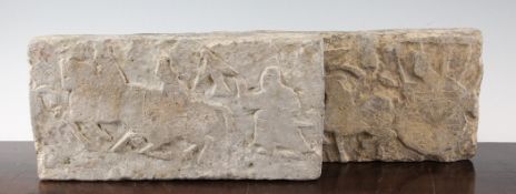 A pair of rectangular pottery tomb bricks, Han dynasty, each modelled in low relief with a