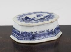 A Chinese blue and white trencher salt, Qianlong period, painted with figures and pavilions in a