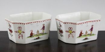 A pair of rare Derby butter tubs, c.1756-58, each of canted rectangular form, painted with Chinese