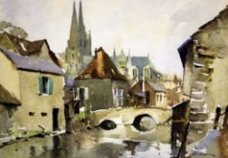 Edward Wesson (1910-1983)watercolour,Belgian town scene,signed,13 x 18in.