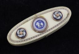 A 19th century oval ivory toothpick holder, the lid with central circular three colour Wedgwood