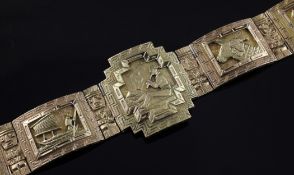 A 1930`s South American 18ct gold articulated bracelet, with five panels depicting figures at