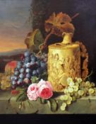 Edward Ladell (1821-1886)oil on canvas,Still life with grapes, roses and an ivory stein, on a marble