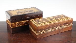 A Victorian rosewood Tunbridge Ware two division tea caddy, the lid decorated with Eridge Castle,