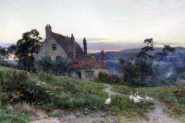 Sir Ernest A Waterlow RA (1850-1919)watercolour,Cottage and geese at sunset,signed,13.5 x 21in.