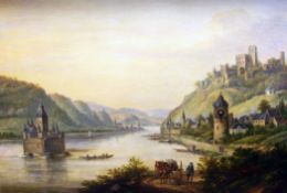 A 19th century continental musical picture clock, painted with a view of the Rheine with the village