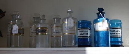 Three blue glass apothecary jars and covers and six similar clear glass examples, 19th century,