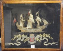 A late 19th century French needlework panel, depicting a ship at full sail, titled `Alliance de