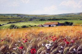 Paul Evans (20th C.)pair of gouache,Harvest Field and Farm and Chailey church,signed,6.25 x 9.25in.