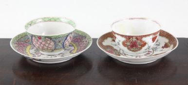 Two Chinese famille rose semi-eggshell porcelain teabowls and saucer, Yongzheng period, the first