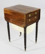 A Regency brass strung rosewood work table, with twin flap top, two drawers and silks basket, on