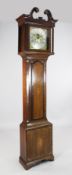 A George III mahogany banded oak eight day longcase clock, the 12 inch square brass dial with