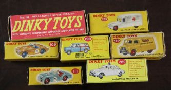 A collection of seven Dinky toys: 109 Austin Healy, 480 Bedford van, 111 Triumph TR2 Sports, 199