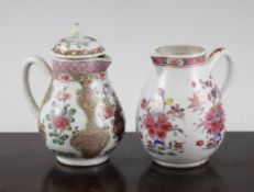 Two Chinese famille rose baluster sparrow beak jugs and one cover, Yongzheng / Qianlong period,