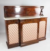 A 19th century marble top breakfront chiffonier, fitted three doors, pierced brass grilles and