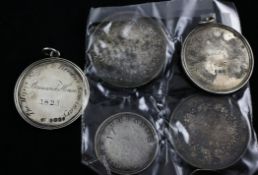 Five 19th century silver medallions, two George IV Brunswick house reward medals, 4.2cm, two Royal