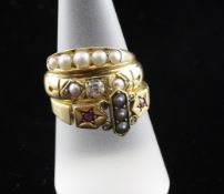 Three early 20th century 18ct gold gem set rings, split pearl, split pearl & diamond and ruby and