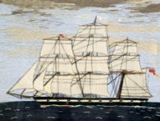 A late 19th century needlework maritime panel, depicting a clipper at full sail within a maple