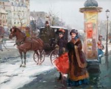 Juan Soler (1951-)oil on canvas,Parisian street scene in winter,signed,15 x 18in.