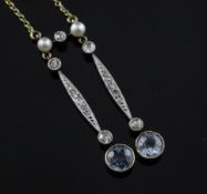 An Edwardian gold and silver, aquamarine, diamond and seed pearl set double drop pendant necklace,