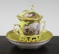 A Dresden chocolate cup, cover and trembleuse saucer, late 19th century, each painted with