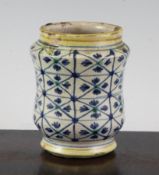 An Italian maiolica small albarello, Faenza, c.1510-20, painted in blue with club fist flowers,