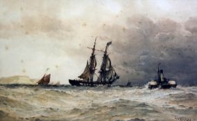 Frederick James Aldridge (1850-1933)watercolour,Warship and paddlesteamer off the coast,signed,12