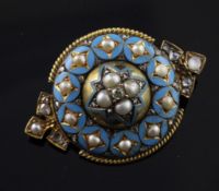 A Victorian gold, diamond, split pearl and blue enamel set brooch, with domed centre and rope