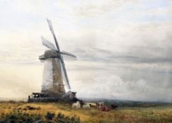 James Whaite (fl.1867-1896)watercolour,Cattle beside a windmill,signed and dated 1874,19 x 27in.