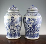 A large pair of Chinese blue and white jars and covers, 19th century, each painted with phoenixes in