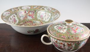 A Chinese Canton decorated famille rose basin and a matching bowl and cover, Daoguang period, each