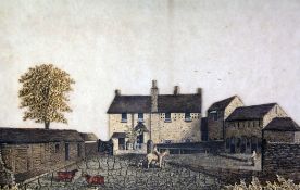 A late 19th / early 20th century cork picture, depicting a farmhouse and yard with cattle and figure