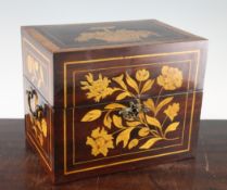 A 19th century Dutch floral marquetry inlaid mahogany and satinwood banded decanter box, with