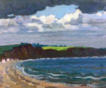 § Adrian Allinson (1890-1959)oil on wooden panel,Coastal landscape with figures bathing,signed and