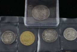 Group of four Georgian silver and gold coins, comprising an 1806 half-guinea GVF, 2 sixpenses 1815