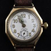 A gentleman`s 1930`s 9ct gold Rolex Oyster Ultra Prima manual wind wrist watch, with octagonal