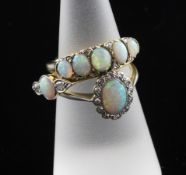 Three Edwardian gold, opal and diamond dress rings, various, sizes M,N & Q.