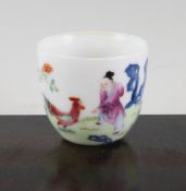 A Chinese famille rose cup, Qianlong seal mark but later, painted with a figure and a cockerel in