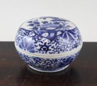 A Chinese blue and white circular box and cover, late 19th century, the cover painted with a