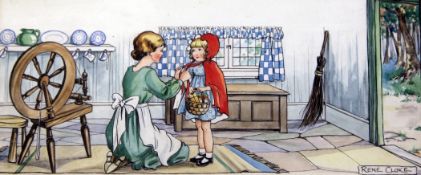 A framed and glazed Little Red Riding Hood book illustration, by Rennie Cloke, 14.5 x 9in., together