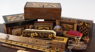 A good collection of Tunbridge Ware including a perspective cube inlaid box by Thomas Barton, a