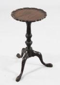 A Chippendale style mahogany wine table, with piecrust top and carved tripod base, 1ft H.1ft 10in.
