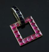 A 1930`s Art Deco gold and two colour synthetic corundum dress pendant clip by Ghiso, of square form