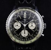 A 1960`s stainless steel Breitling Navitimer chronograph manual wind pilot`s watch, the black dial