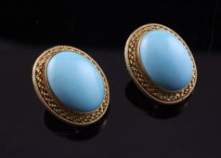 A pair of Italian 18ct gold and turquoise ear clips, of oval form with gold rope twist border, 0.