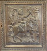 A 19th century carved oak panel, depicting a knight on horseback within guilloche border frame, 24.5