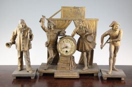 An unusual 19th century French gilt spelter Theatre Gringalet circus themed clock garniture,