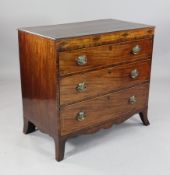 A Regency strung mahogany chest, of three graduated long drawers, on swept bracket feet, 2ft 11in.