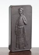 A rare Chinese compressed tea block, Qing dynasty, the top moulded in relief with the figure of an